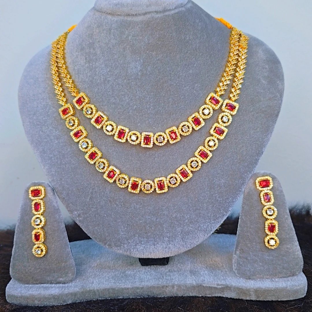 Golden Red Original Double Layer Diamond Cut Jewelry Set অরিজিনাল ডায়মন্ড কাট জুয়েলারি সেট