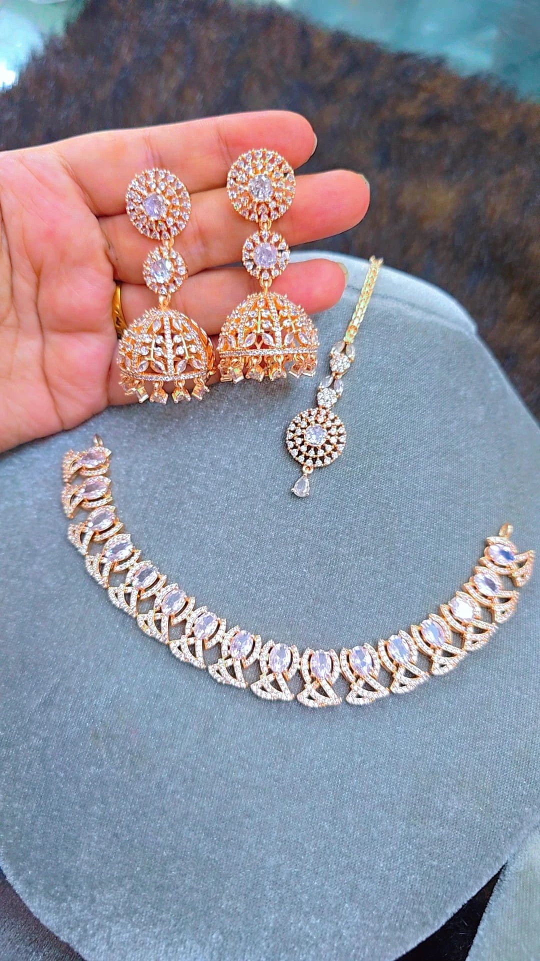 Golden White Jhumka Set Original Diamond Cut Jewelry  অরিজিনাল ডায়মন্ড কাট জুয়েলারি সেট