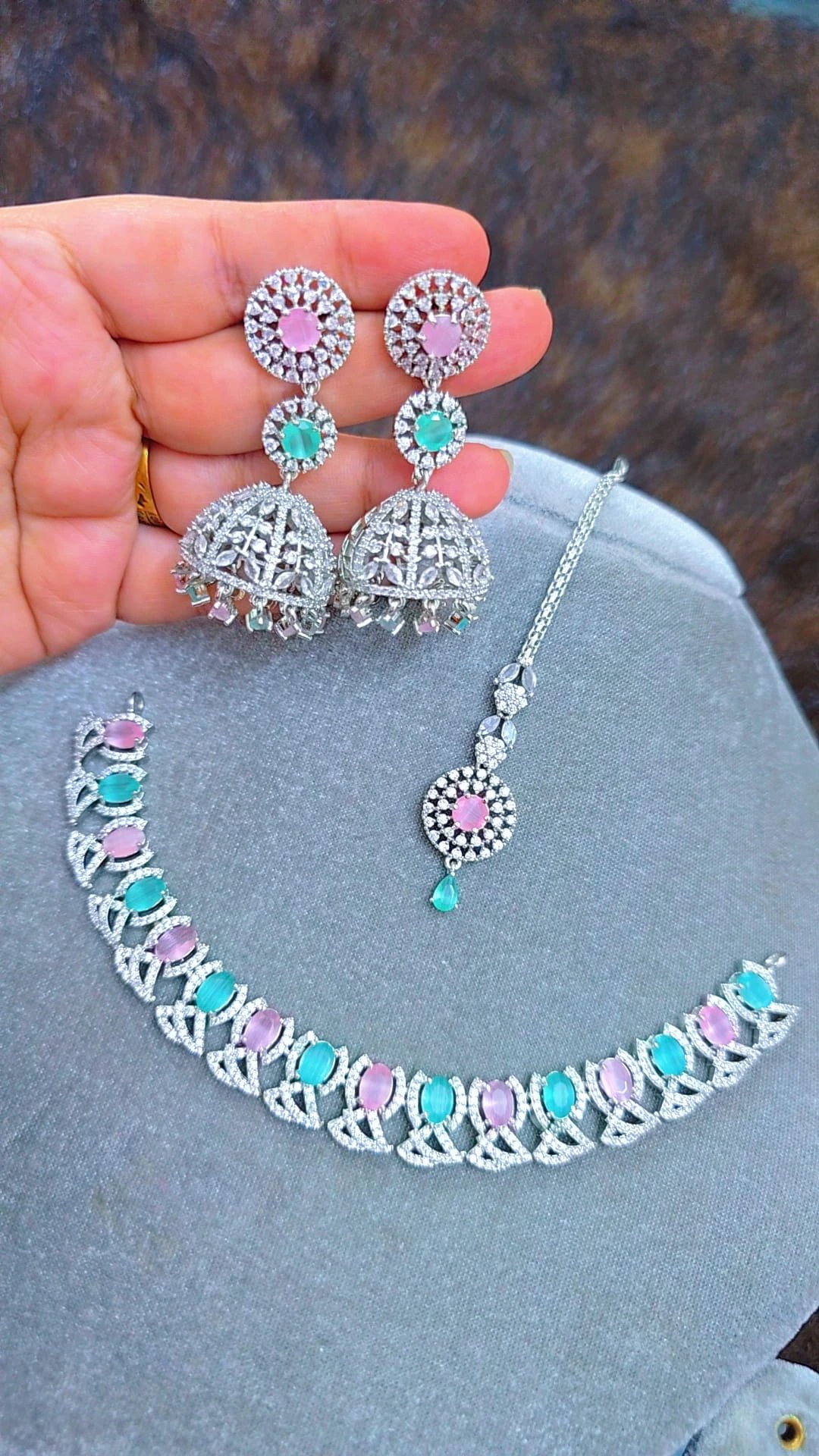 Pink Mint Jhumka Set Original Diamond Cut Jewelry  অরিজিনাল ডায়মন্ড কাট জুয়েলারি সেট