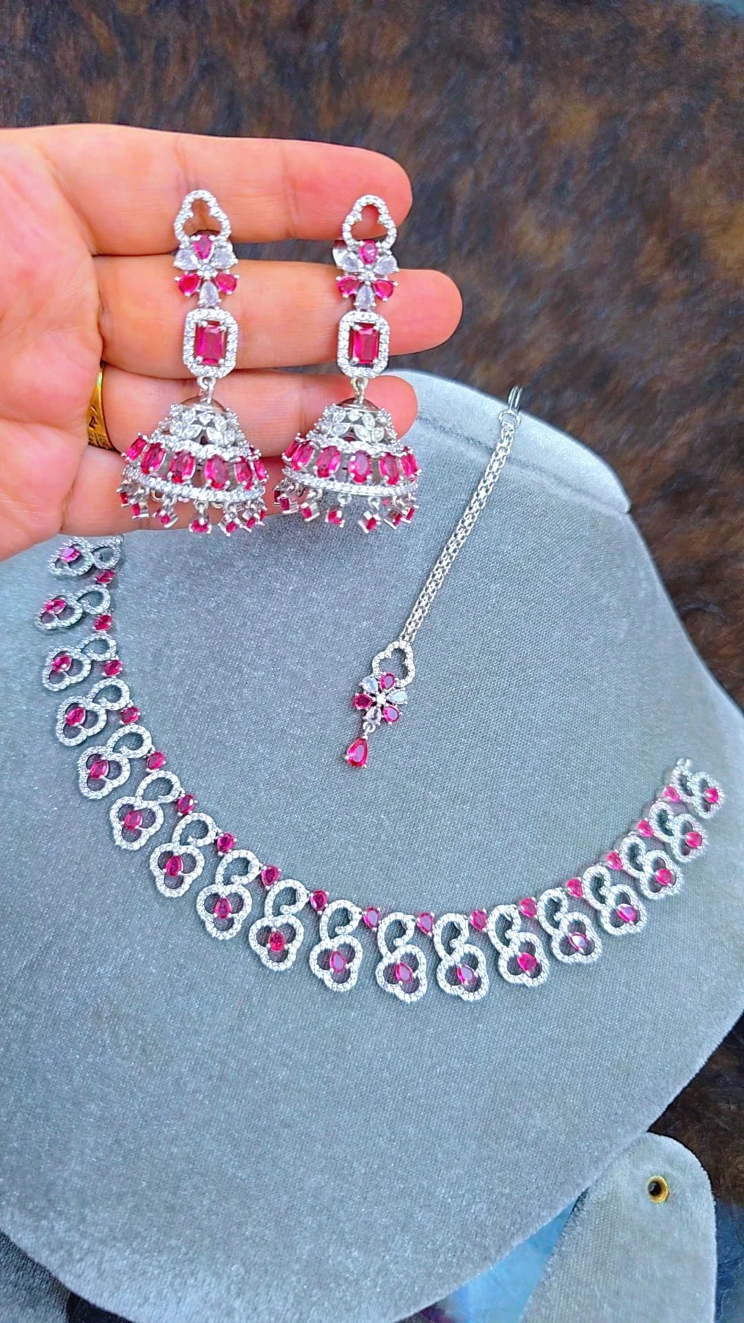 Red Pink Jhumka Set Original Diamond Cut Jewelry  অরিজিনাল ডায়মন্ড কাট জুয়েলারি সেট
